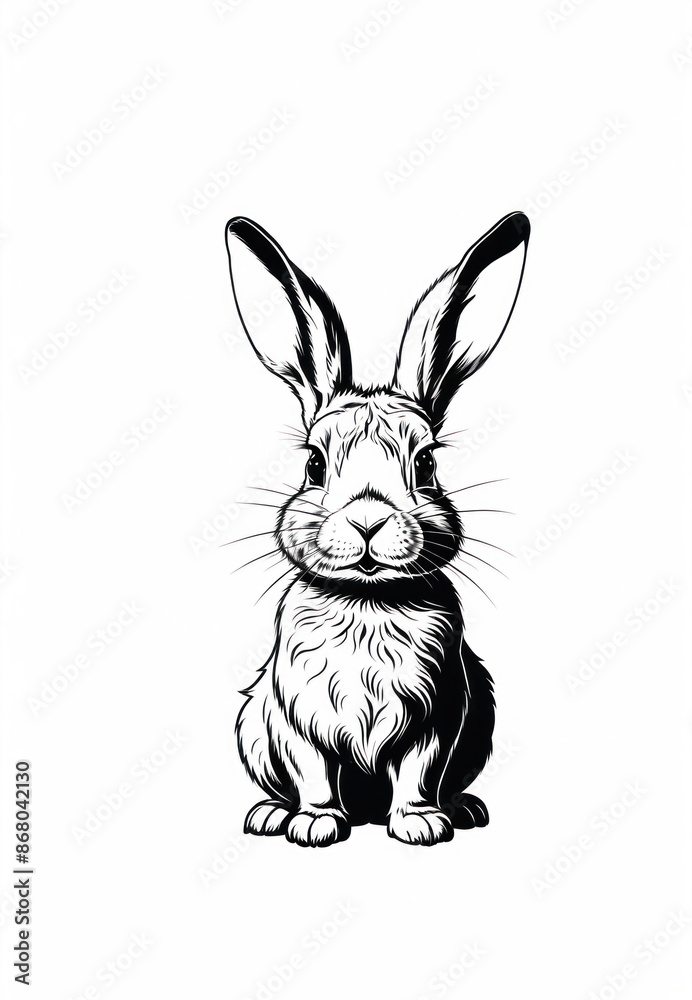 Obraz premium Digital illustration of rabbit sitting with its front paws tucked underneath. The rabbit is drawn in black and white, with its fur shaded to create a sense of depth and texture