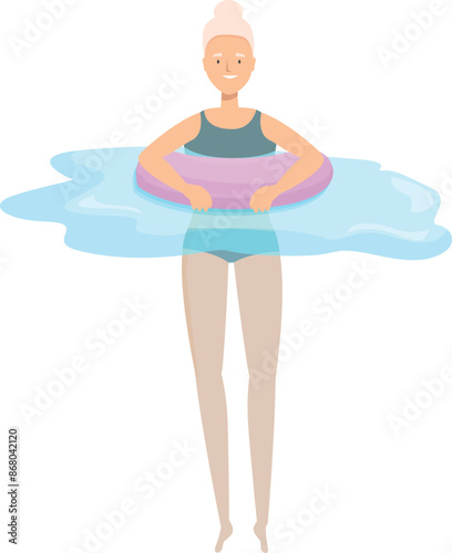 Senior woman having fun, enjoying summer vacation, relaxing on inflatable ring in swimming pool