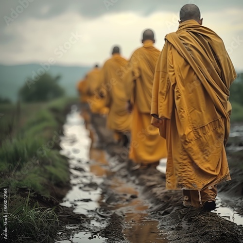 Monks in a line, wet robes, muddy path, overcast sky, soft ambient light, close-up, tranquil and dedicated
