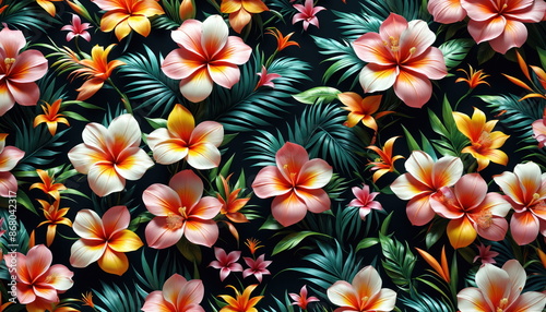 Vibrant array of tropical flowers, including white and orange blossoms, set against a backdrop of lush green foliage