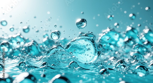 Water droplets splashing on a smooth surface, creating a wave of water and numerous bubbles