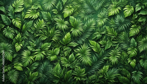 Vibrant tropical leaves, including Monstera and palm, blends greens and textures for an appealing backdrop