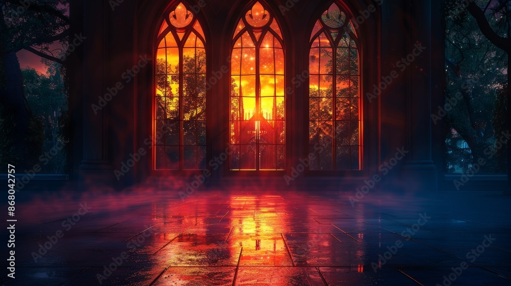Banner background of Church Day theme banner design for microstock, no text, and wide copy space, [Church Windows at Night: The illuminated church windows at night], for banner, 