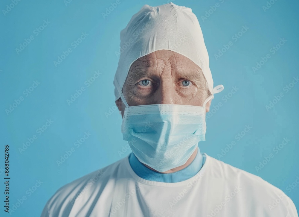 Portrait of a Senior Man in a Medical Face Mask and Lab Coat Standing on Blue Background Portrait of a Senior Man in a Medical Face Mask and Lab Coat Standing on Blue Background