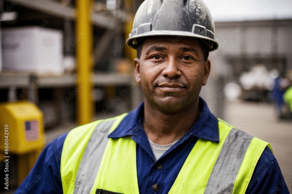 A worker in safety gear stands in an industrial setting, emphasizing dedication and hard work in warehouses or factories A worker in safety gear stands in an industrial setting, emphasizing dedication and hard work in warehouses or factories