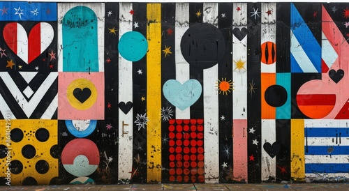 Colorful Geometric Street Art Mural on Urban Wall