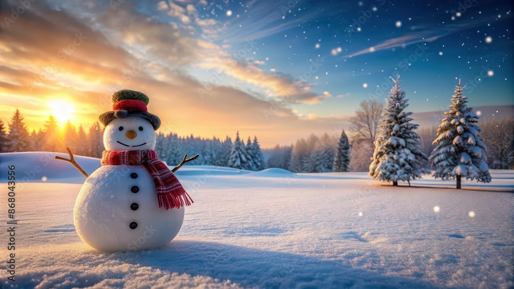 Fototapeta premium Snowman standing in a winter wonderland, Christmas, holiday, festive, decorations, snow, cold, carrot nose, top hat, scarf