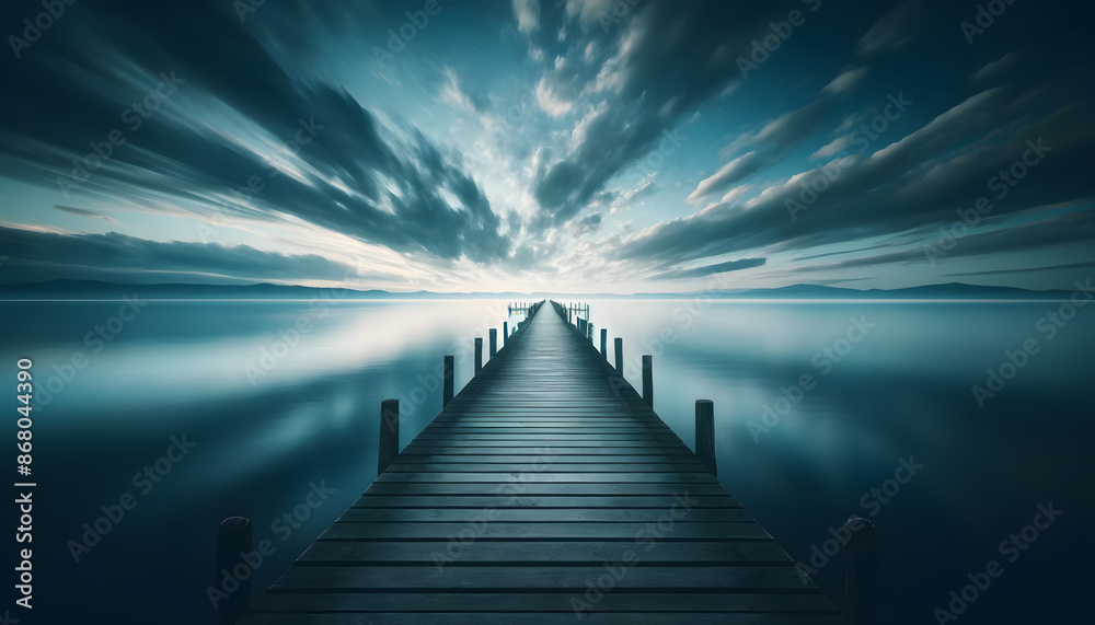 Naklejka premium Tranquil Wooden Pier Leading into Vast Lake with Stunning Cloud Reflections - Perfect for Nature Lovers