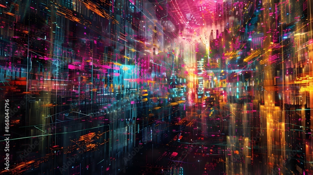 Fototapeta premium Ethereal Fiber Optic Tapestry of Shimmering Chromatic Lights and Interconnected Nodes