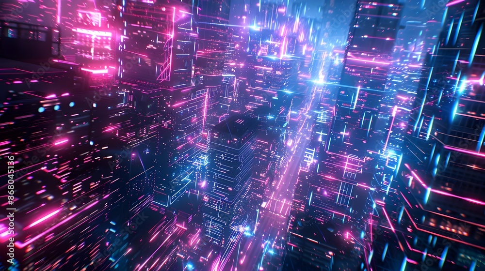 Luminous Fiber Optic Labyrinth with Pulsing Nodes and Converging Pathways in a Neon-Drenched Cityscape Luminous Fiber Optic Labyrinth with Pulsing Nodes and Converging Pathways in a Neon-Drenched Cityscape