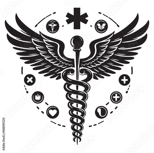 Caduceus health symbol Asclepius silhouette Vector Isolated Vector Illustration