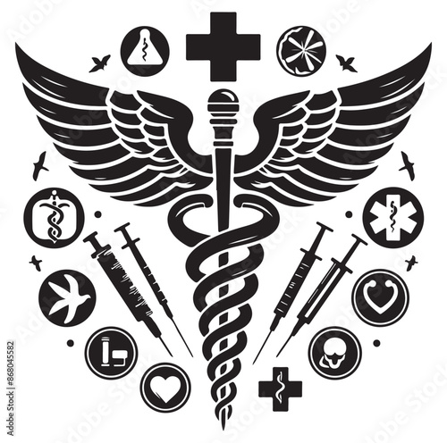 Caduceus health symbol Asclepius silhouette Vector Isolated Vector Illustration