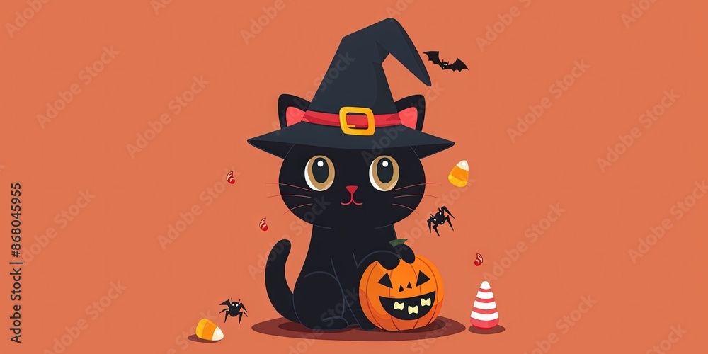 Black cat with witch hat and jack o lantern pumpkin Black cat with witch hat and jack o lantern pumpkin