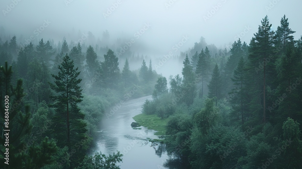 Serene Misty River Flowing Through Foggy Forest on Rainy Morning Serene Misty River Flowing Through Foggy Forest on Rainy Morning