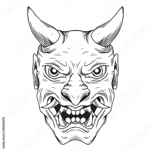 tattoo and t shirt design black and white hand drawn hannya mask