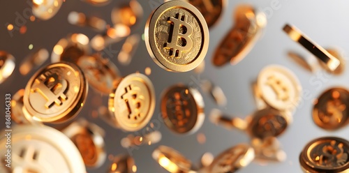 Golden coins with Bitcoin symbols float against a gradient background, representing cryptocurrency and digital wealth.