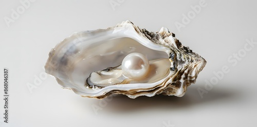 An open oyster shell reveals a lustrous pearl inside, set against a white background, symbolizing natural beauty and value.