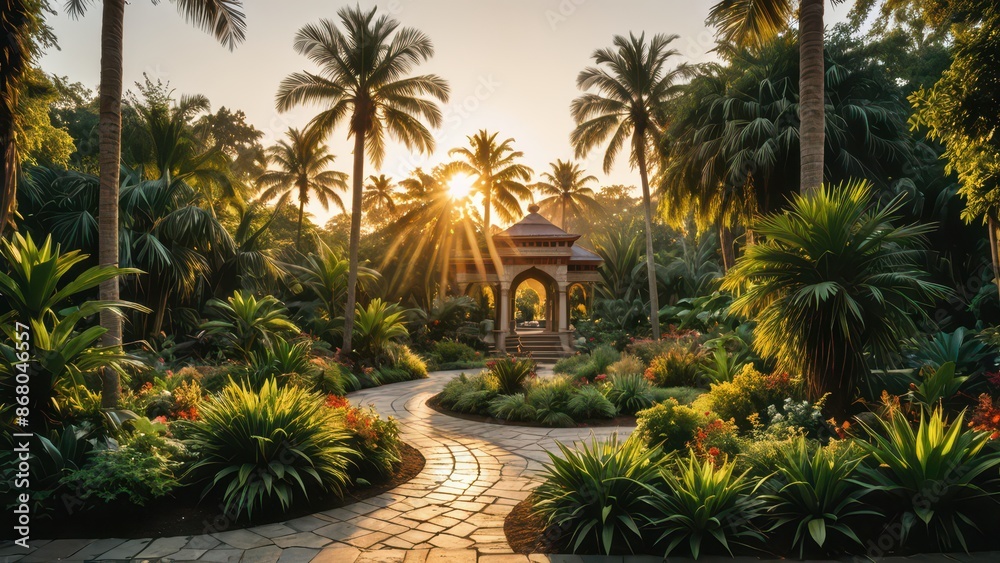Fototapeta premium Tropical Garden at Sunset with Stone Path and Gazebo.