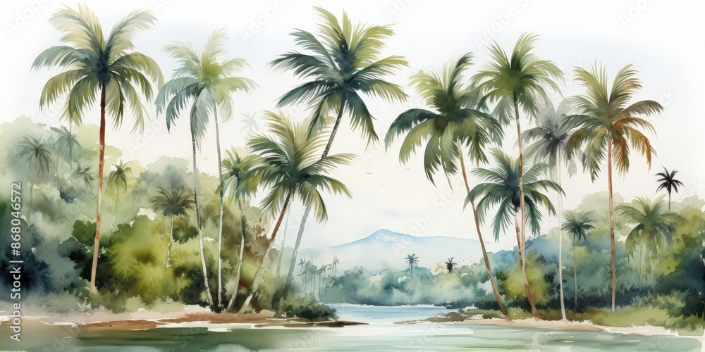 Obraz premium Watercolor Tropical Landscape with Palm Trees