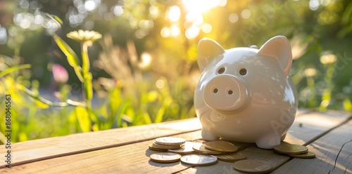 A white ceramic piggy bank with coins sits on a wooden table surrounded by greenery and sunlight.