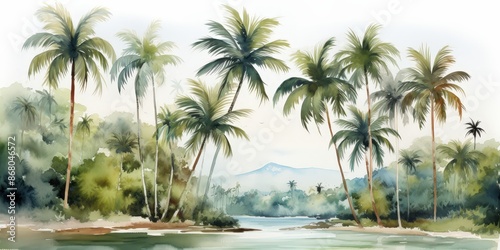 Watercolor Tropical Landscape with Palm Trees © Nice Seven