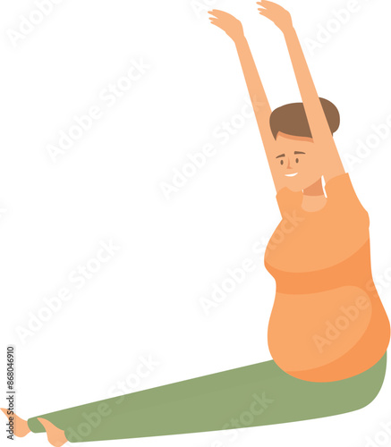 Pregnant woman sitting and stretching her arms, doing fitness exercises