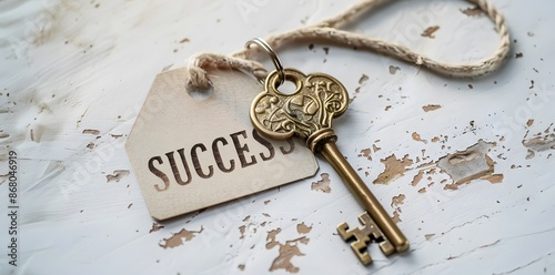 A golden key attached to a tag labeled SUCCESS lies on a weathered white surface, symbolizing achievement.