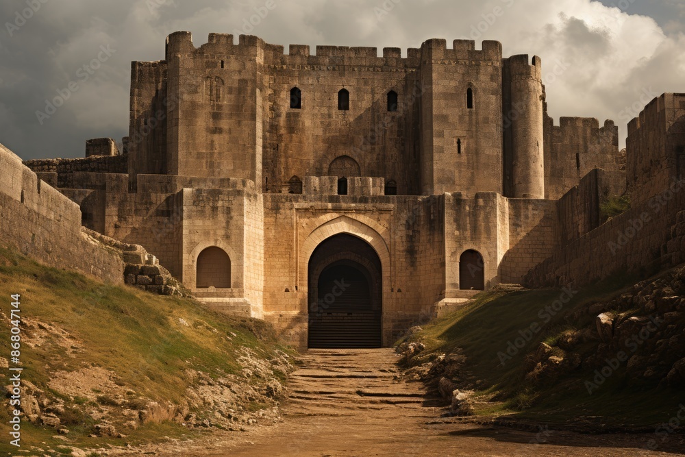 Fototapeta premium The Krak des Chevaliers in Syria, where enchanted knights protect a portal.