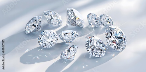 A collection of sparkling diamonds in various shapes and sizes, reflecting light beautifully on a sleek surface.
