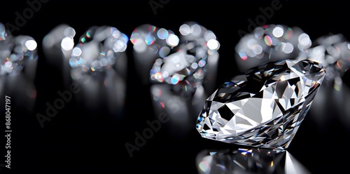 A collection of diamonds with one prominent diamond in focus, sparkling brilliantly against a dark background.