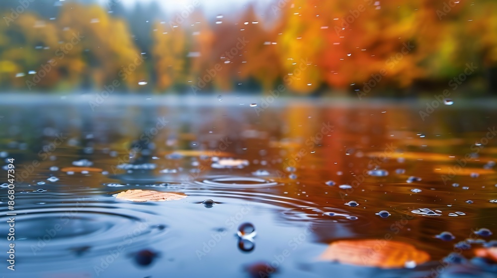 Autumn Reflections: Vibrant Water Droplets on Lake Surface Autumn Reflections: Vibrant Water Droplets on Lake Surface
