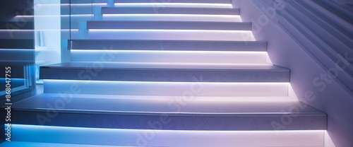 Contemporary staircase featuring RGB lights in soft white and blue, high-definition detail, captured in © faxi art