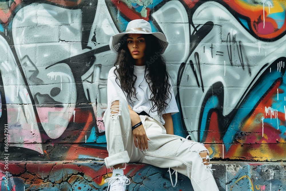 Fototapeta premium Fashionable Woman Sitting in Front of a Colorful Graffiti Wall