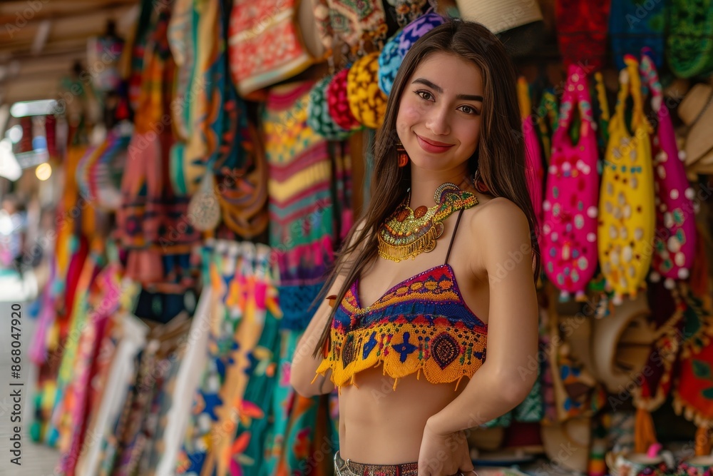 Smiling Woman Wearing Vibrant Ethnic Top at a Market Smiling Woman Wearing Vibrant Ethnic Top at a Market