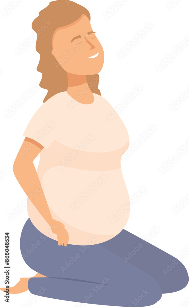 Pregnant woman kneeling on the floor and touching her belly