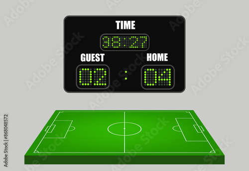 Football or soccer playing field. Sport Game. Football stadium spotlight and scoreboard background