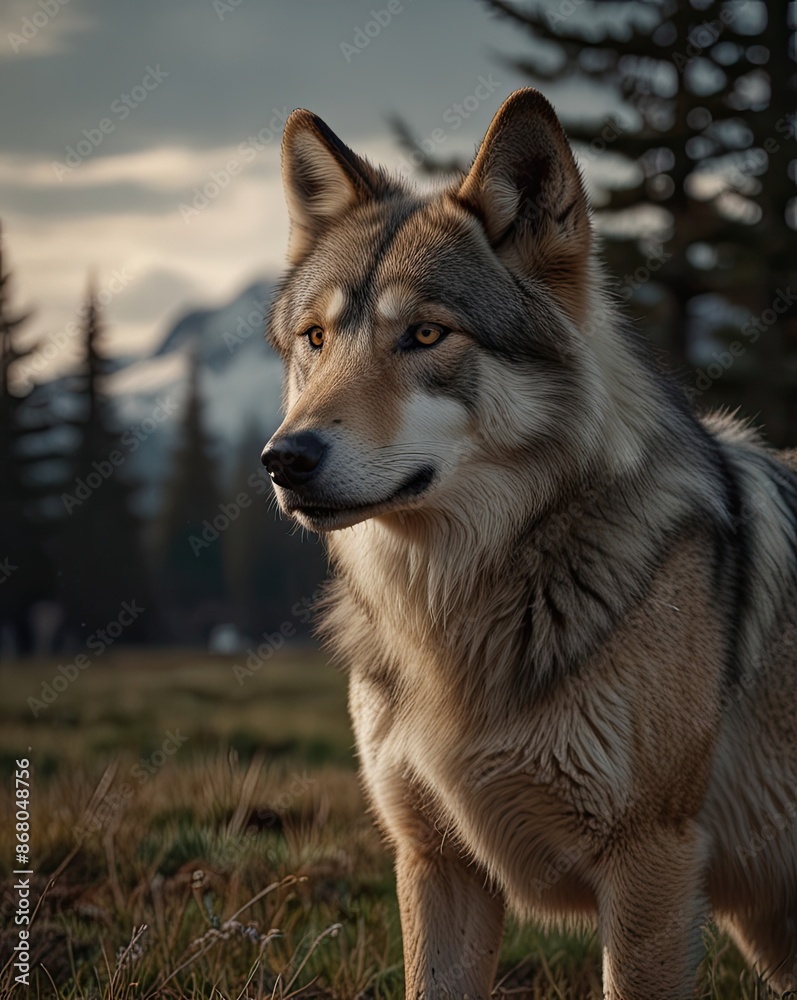 A wild gray wolf, a canine predator with thick fur, stands alert in a winter forest A wild gray wolf, a canine predator with thick fur, stands alert in a winter forest