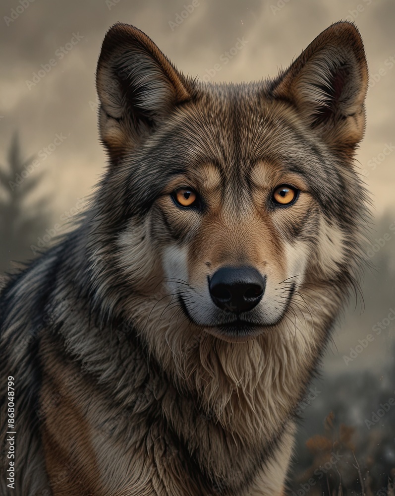 A wild gray wolf, a canine predator with thick fur, stands alert in a winter forest A wild gray wolf, a canine predator with thick fur, stands alert in a winter forest