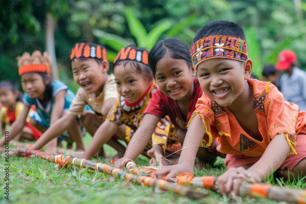 Fototapeta premium Group of Smiling Children in Traditional Headwear Playing a Game