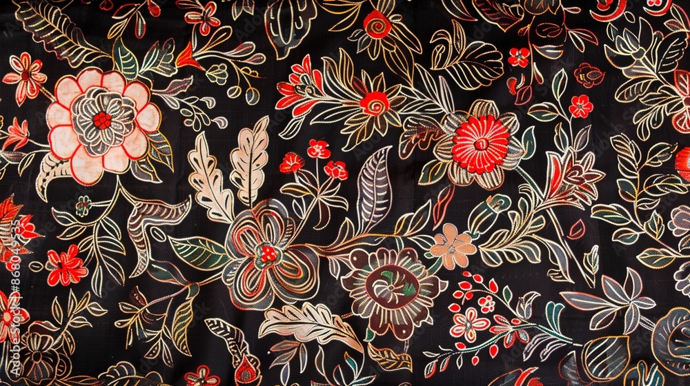 Naklejka premium Exquisite Indonesian Batik Fabric with Intricate Flora and Fauna Motifs