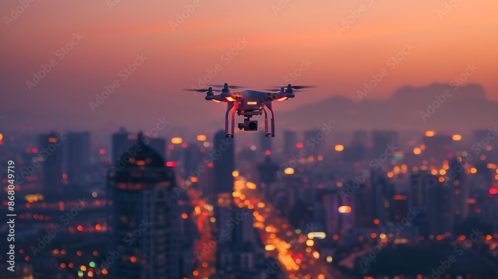 An drone flying in the air with a city in the background