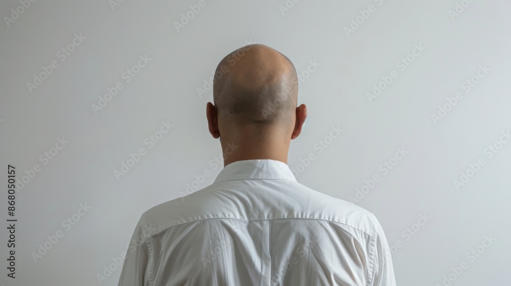 Bald man in white shirt from behind on white background, minimalist concept Bald man in white shirt from behind on white background, minimalist concept