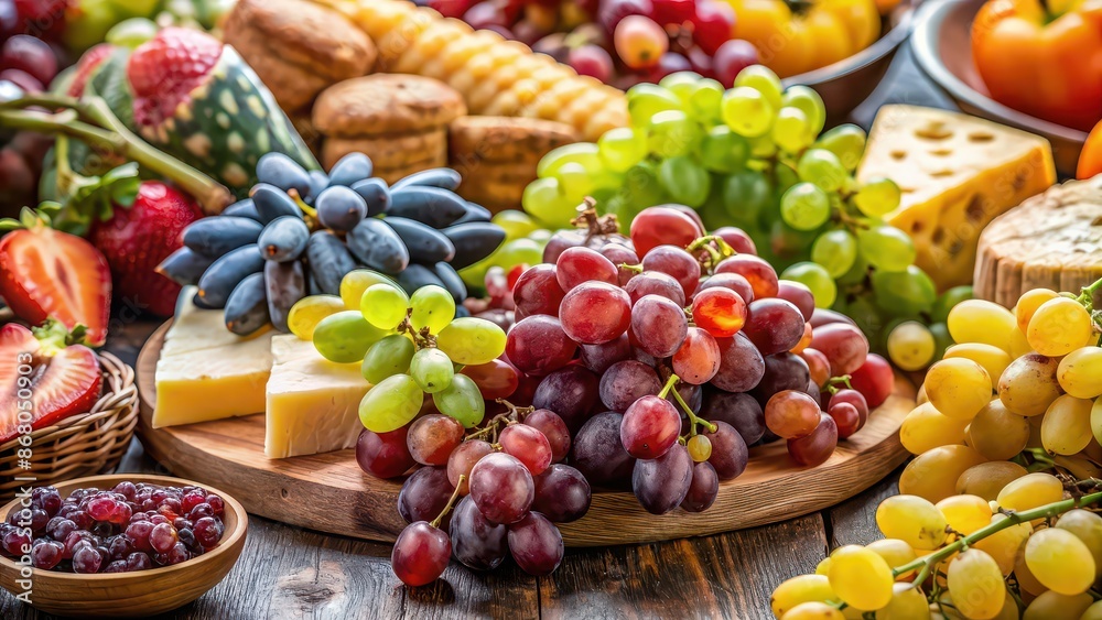 Close-up of a cluster of delicious and juicy grapes, surrounded by a variety of fresh food items , grapes, harvest Close-up of a cluster of delicious and juicy grapes, surrounded by a variety of fresh food items , grapes, harvest