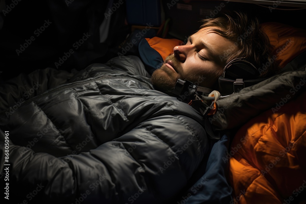 Climbing into a sleeping bag at night. Climbing into a sleeping bag at night.