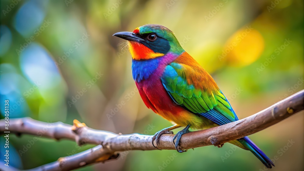 Multicolored bird perched on a tree branch with blurred background , wildlife, nature, colorful, small bird, feathers Multicolored bird perched on a tree branch with blurred background , wildlife, nature, colorful, small bird, feathers