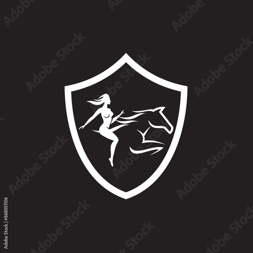 woman riding a horse, in black and white this is a unique and stylish logo suitable for businesses with core values ​​such as excellence and quality.