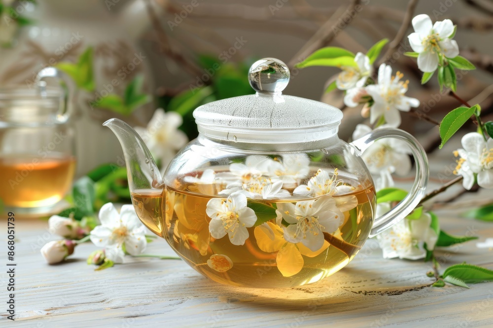 Glass Teapot with Blooming Flowers and Honey Glass Teapot with Blooming Flowers and Honey