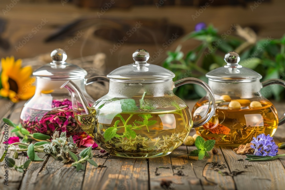 Herbal Tea Brewing: Glass Teapots Filled with Aromatic Herbs Herbal Tea Brewing: Glass Teapots Filled with Aromatic Herbs