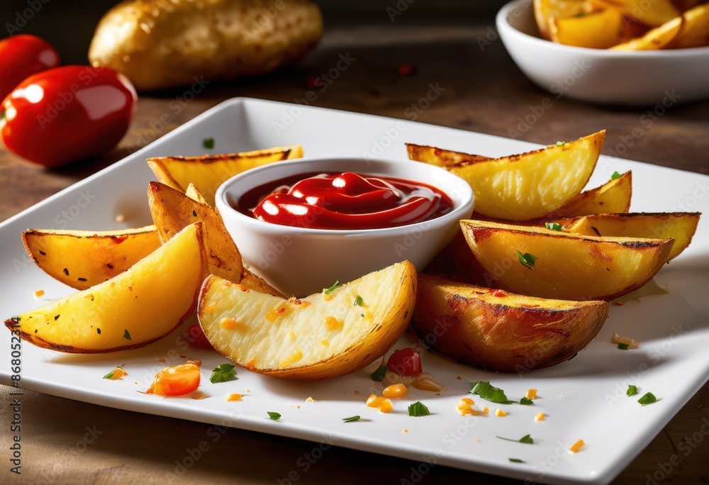 crispy potato wedges ketchup white delicious fast food snack, plate, fried, tasty, appetizer, golden, sauce, homemade, side, dish, savory, meal, junk crispy potato wedges ketchup white delicious fast food snack, plate, fried, tasty, appetizer, golden, sauce, homemade, side, dish, savory, meal, junk