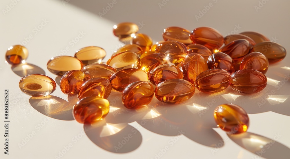A Scattering of Amber-Colored Vitamin E Capsules on a White Marble Surface